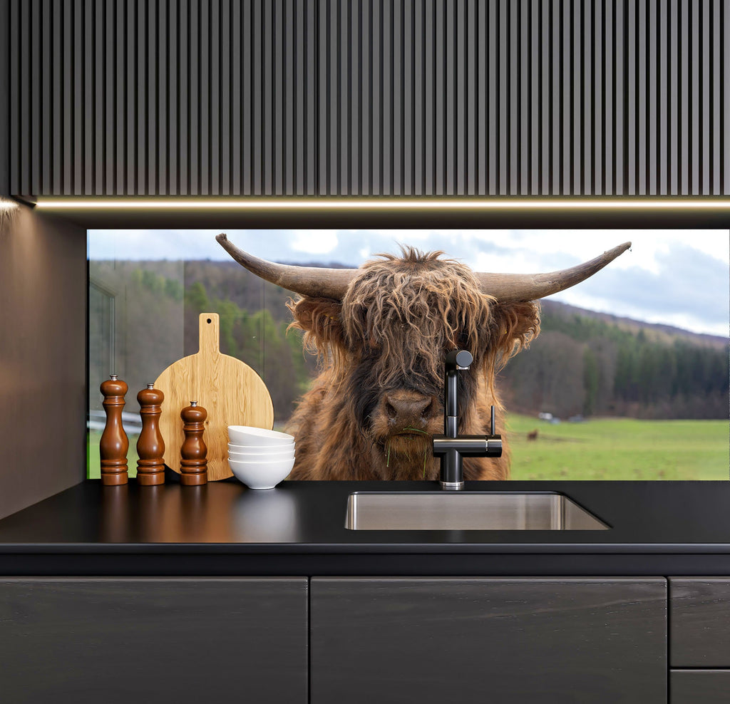 a cow with long horns standing in a kitchen