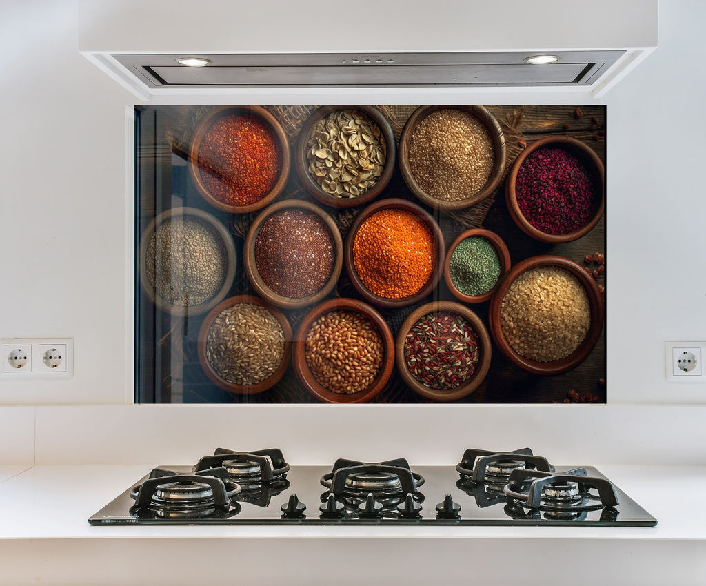 a picture of spices on a stove in a kitchen