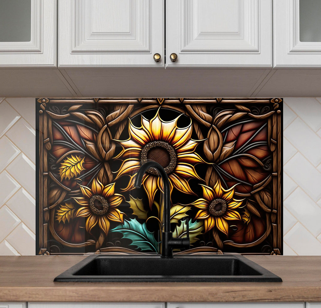 Vintage Sunflower - Glass Kitchen Backsplash-BacksplashArtworks