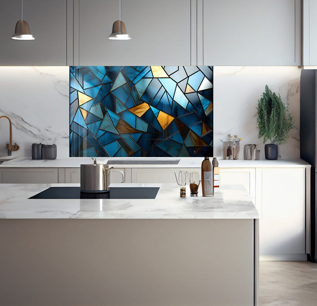 a kitchen with a large painting on the wall