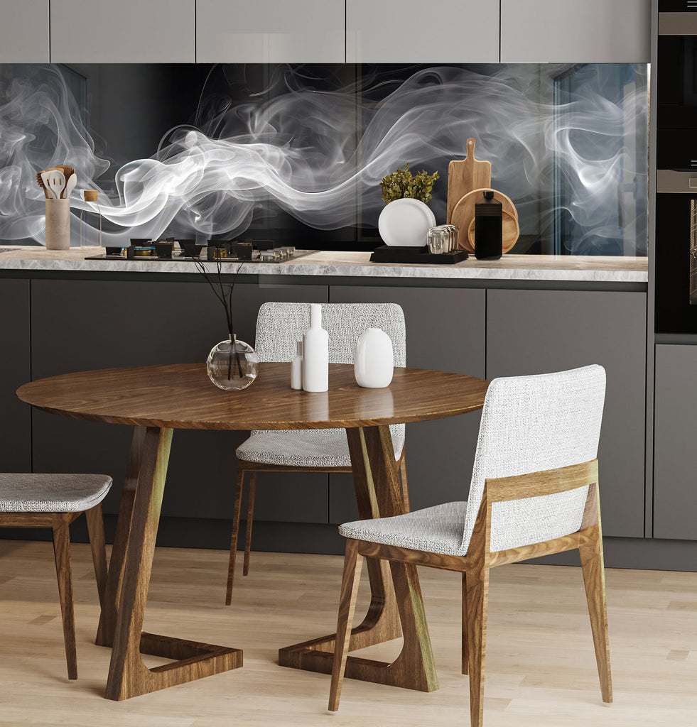 a kitchen with a wooden table and white chairs