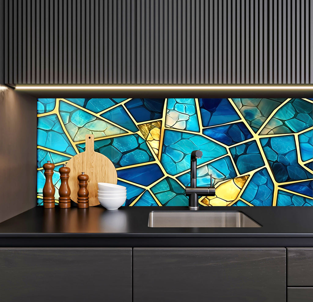 a kitchen counter with a sink and a mosaic tile backsplash