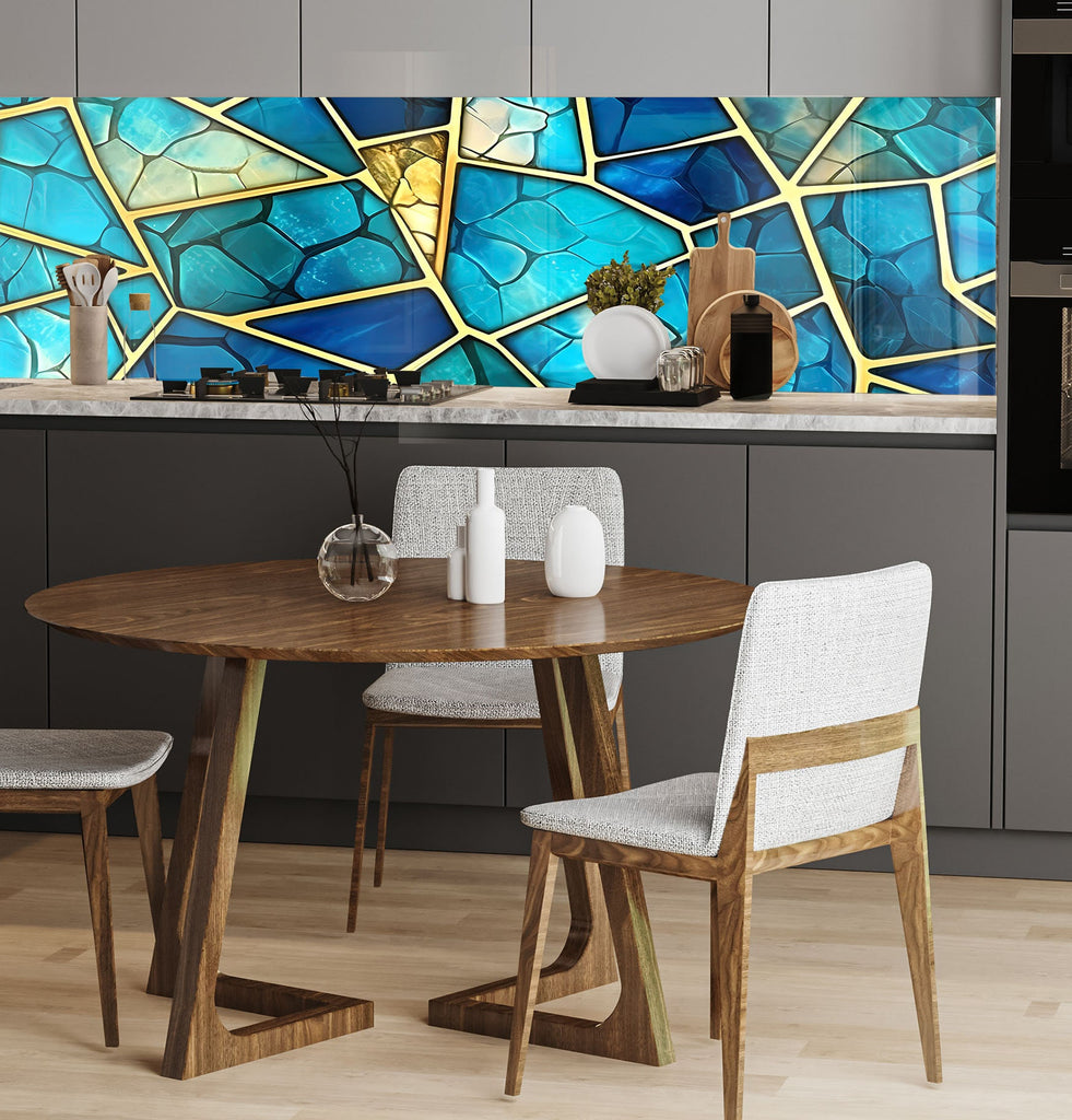 a kitchen with a table and chairs and a large stained glass window