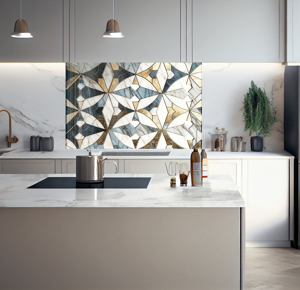 a kitchen with marble counter tops and a painting on the wall