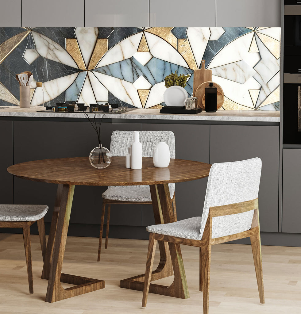 a kitchen with a table, chairs and a stove