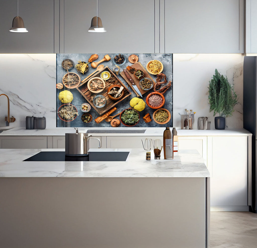 a kitchen with a large painting of spices on the wall