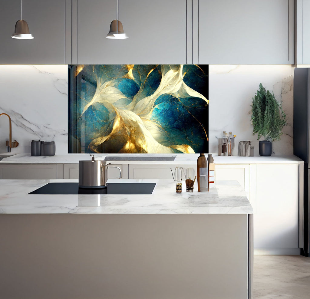 a kitchen with a marble counter top and a painting on the wall