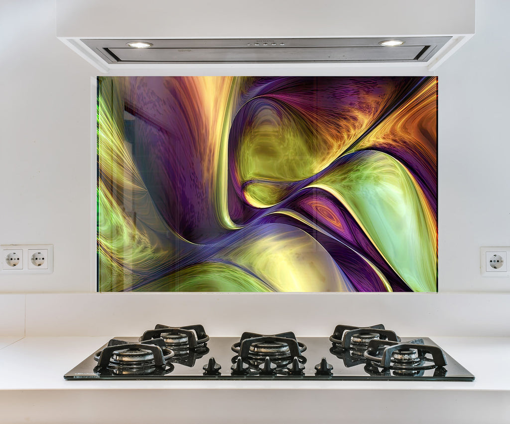 a painting on a wall above a stove top
