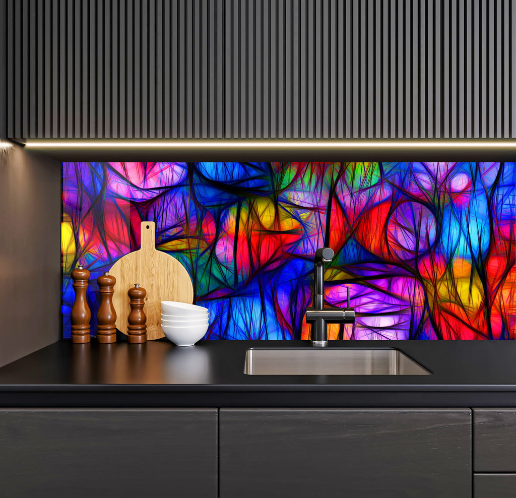 a kitchen counter with a sink and a painting on the wall behind it
