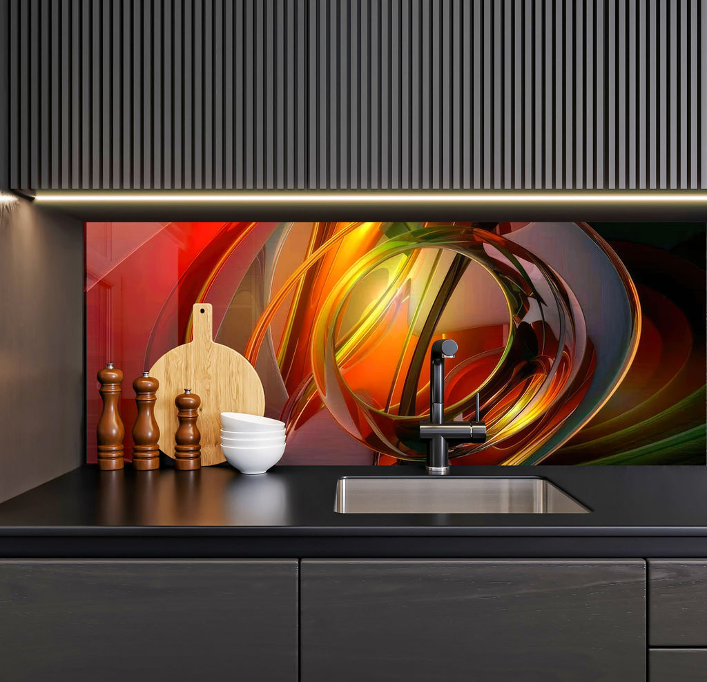a kitchen with a sink and a painting on the wall