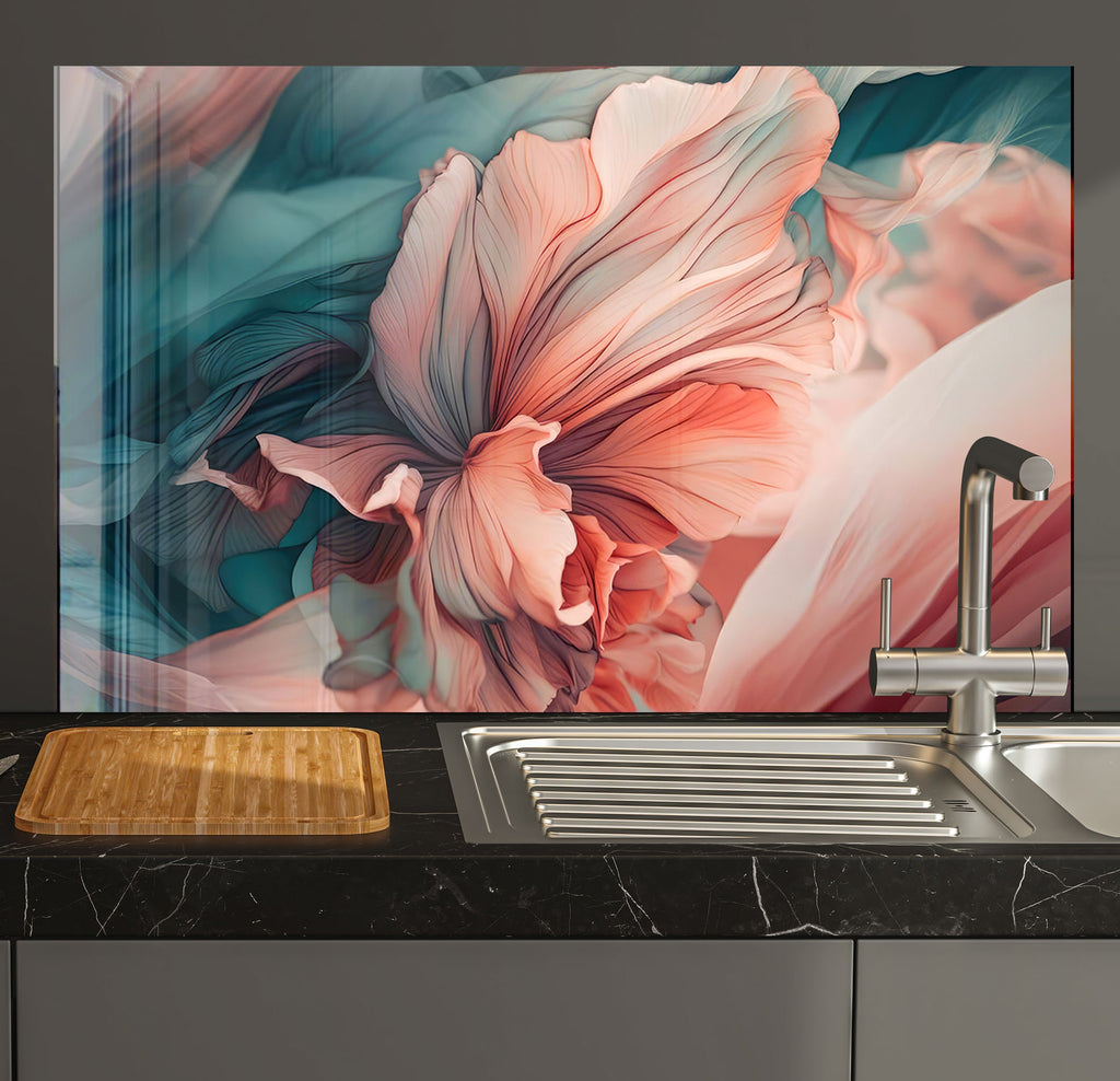 a kitchen with a sink and a painting on the wall