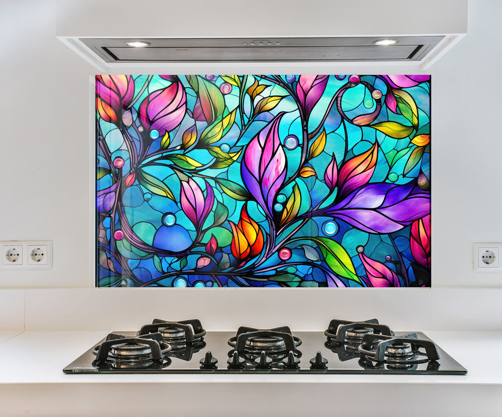 a picture of a colorful painting on a wall above a stove