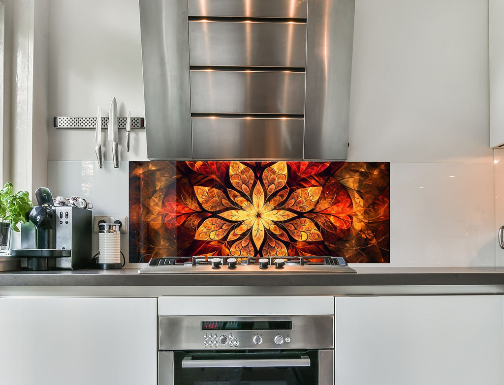 a kitchen with a stove top oven and a painting on the wall