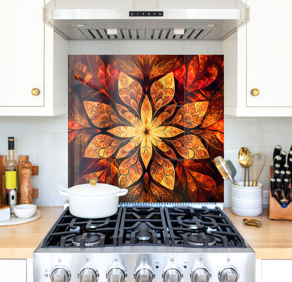 a painting of a flower on a wall above a stove