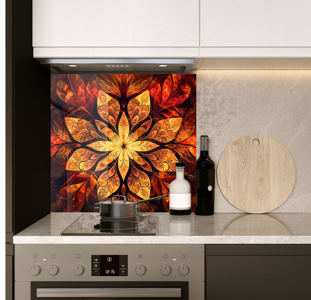 a stove top oven sitting under a painting on a wall