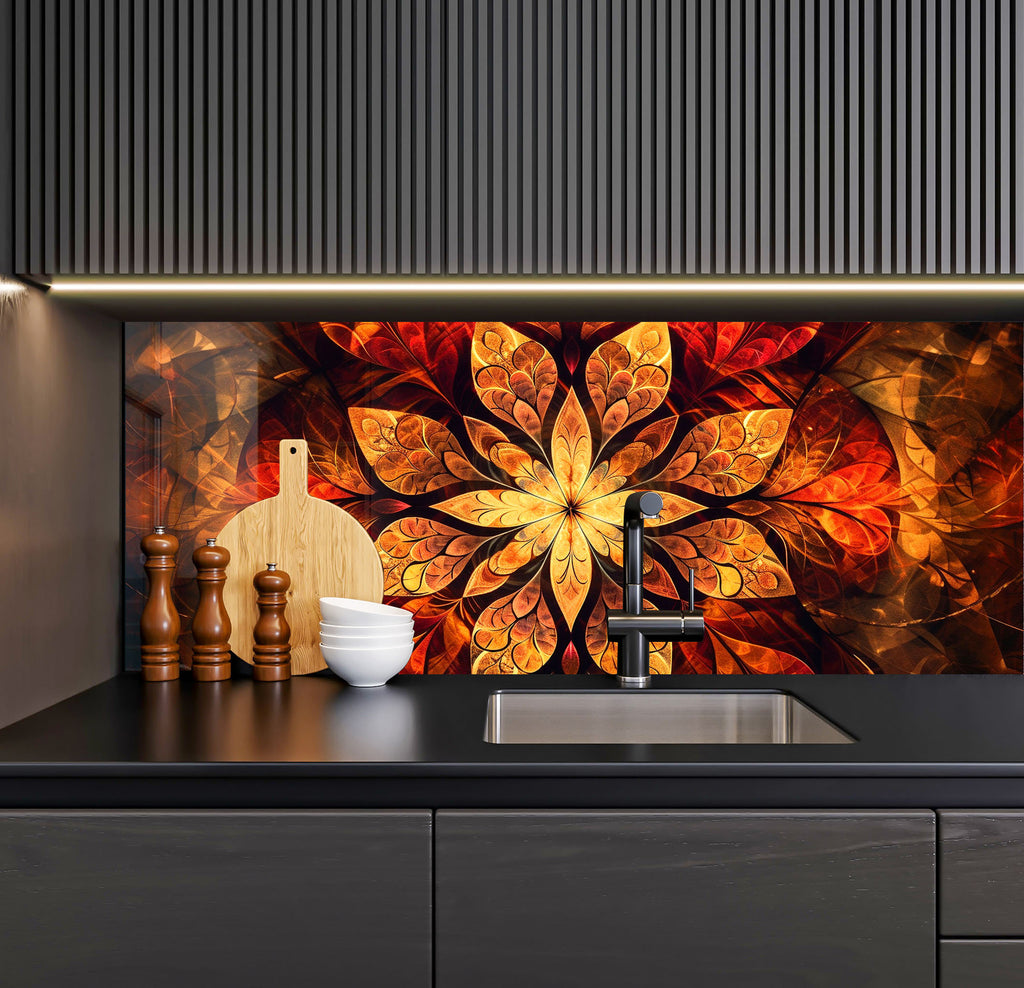 a kitchen with a sink and a painting on the wall