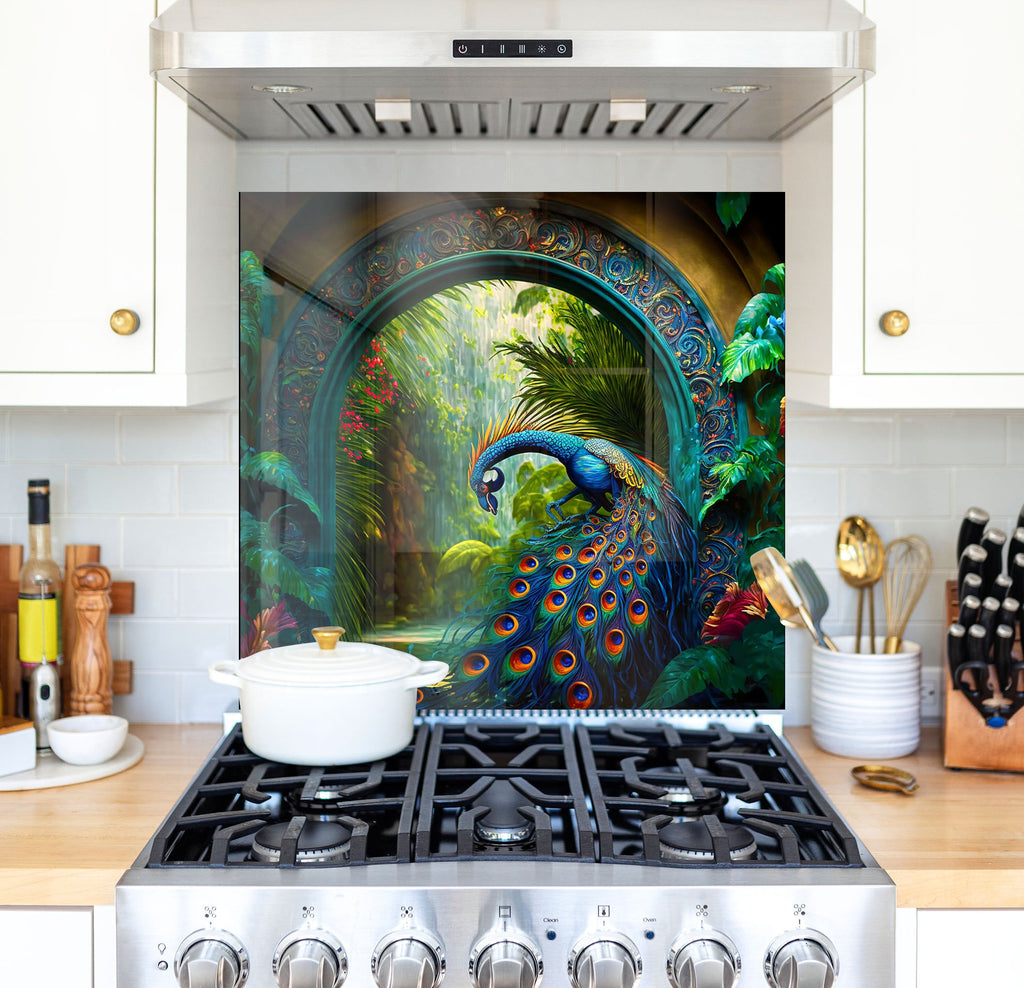 a painting of a peacock on a kitchen backsplash