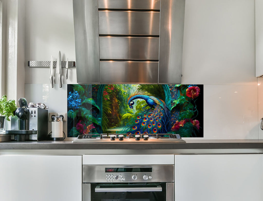 a painting of a peacock in a kitchen