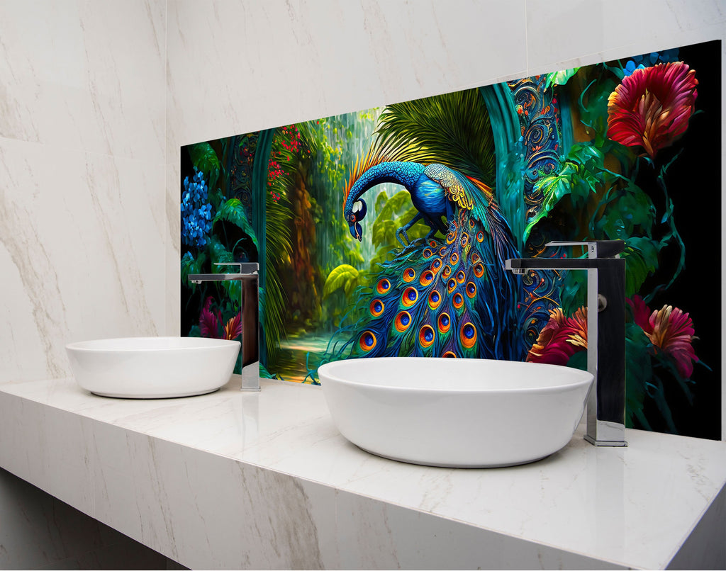 a bathroom with two sinks and a painting on the wall