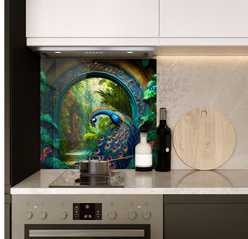 a kitchen with a painting on the wall next to a stove