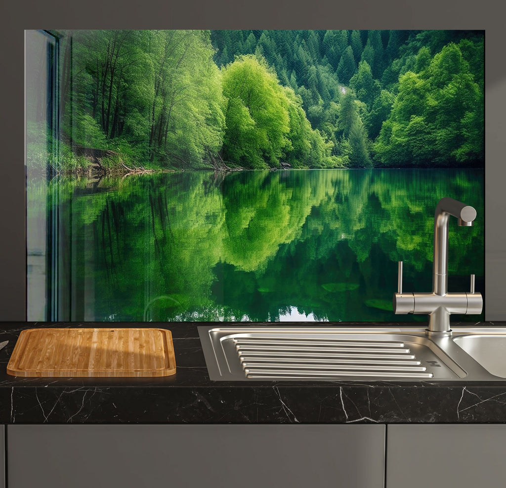 Tranquil Green Forest Reflection – Glass Kitchen Backsplash-BacksplashArtworks