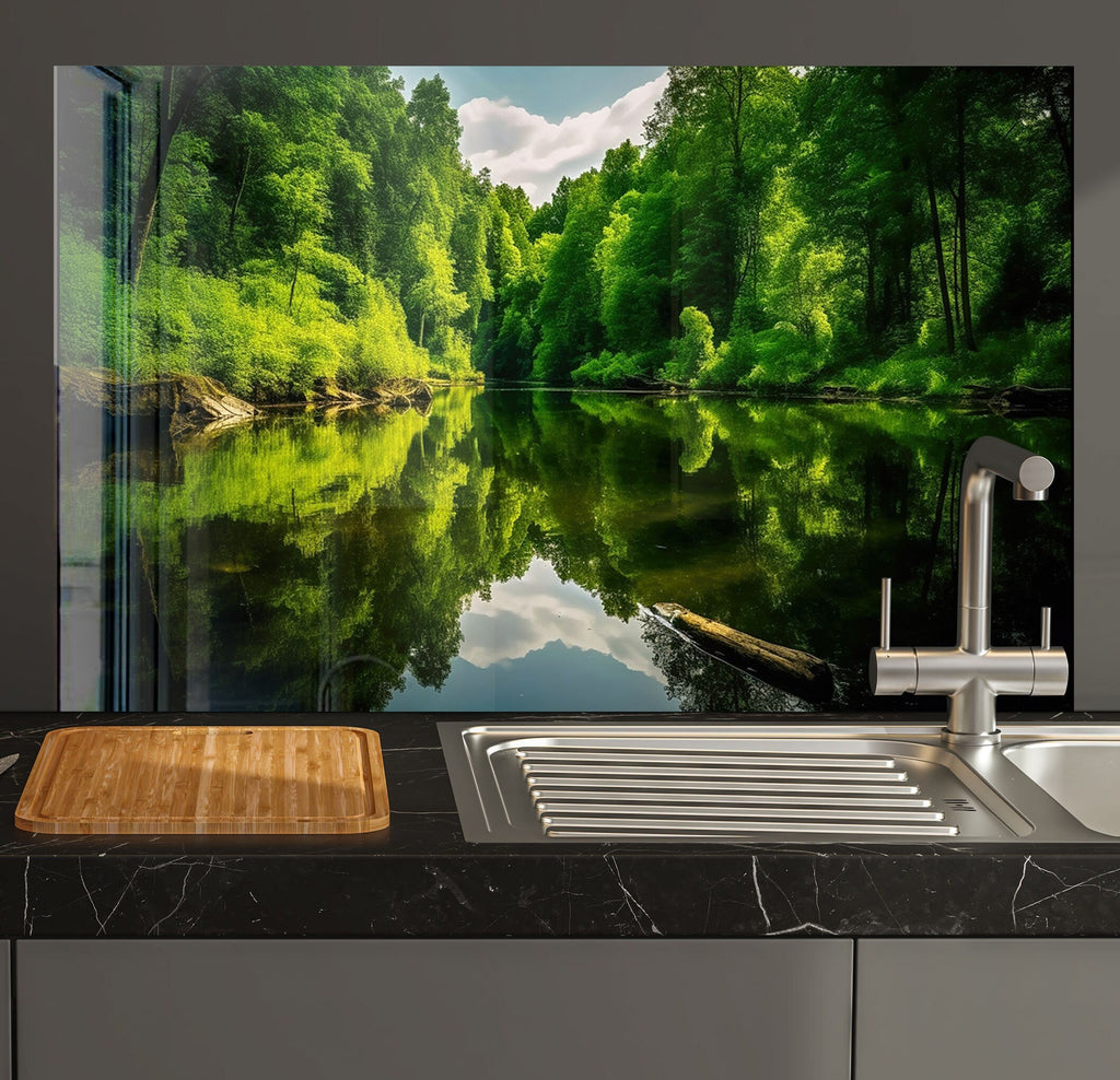 Serene Green Forest Lake – Glass Kitchen Backsplash-BacksplashArtworks