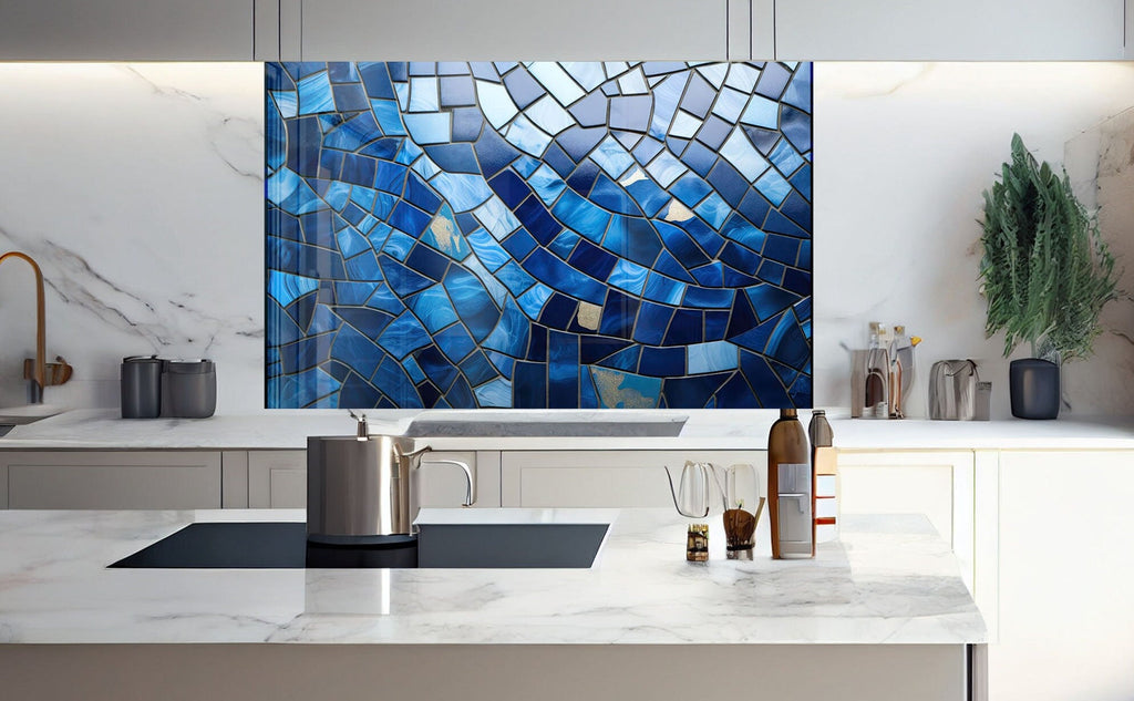 Ocean Blue Wave Stained - Glass Kitchen Backsplash-BacksplashArtworks