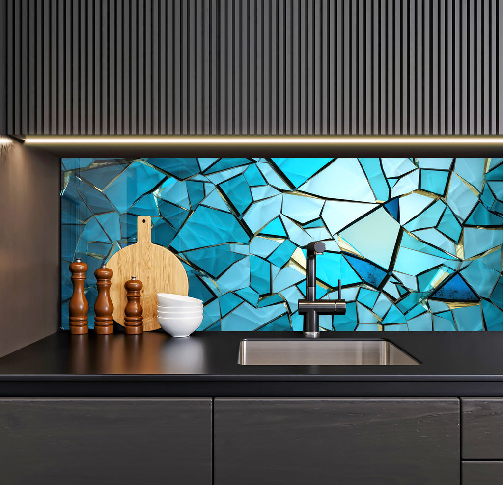a kitchen with a sink and a mosaic tile backsplash