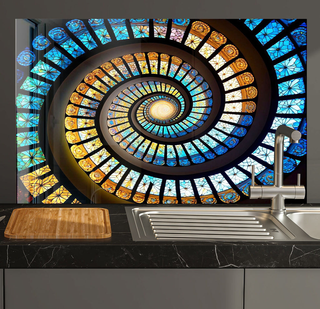 Golden Spiral Stained - Tempered Glass Kitchen Backsplash-BacksplashArtworks