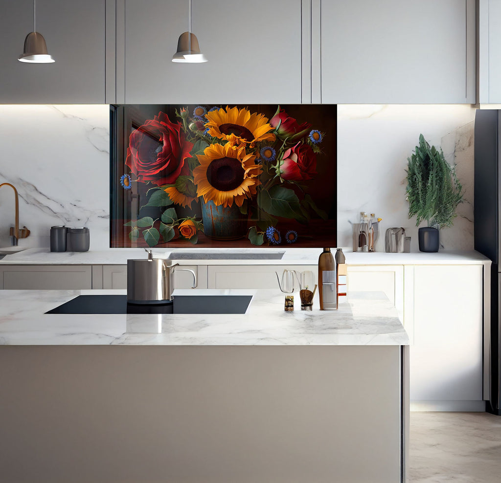 a kitchen with a large painting on the wall