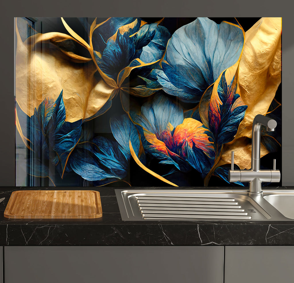 a kitchen with a sink and a painting on the wall