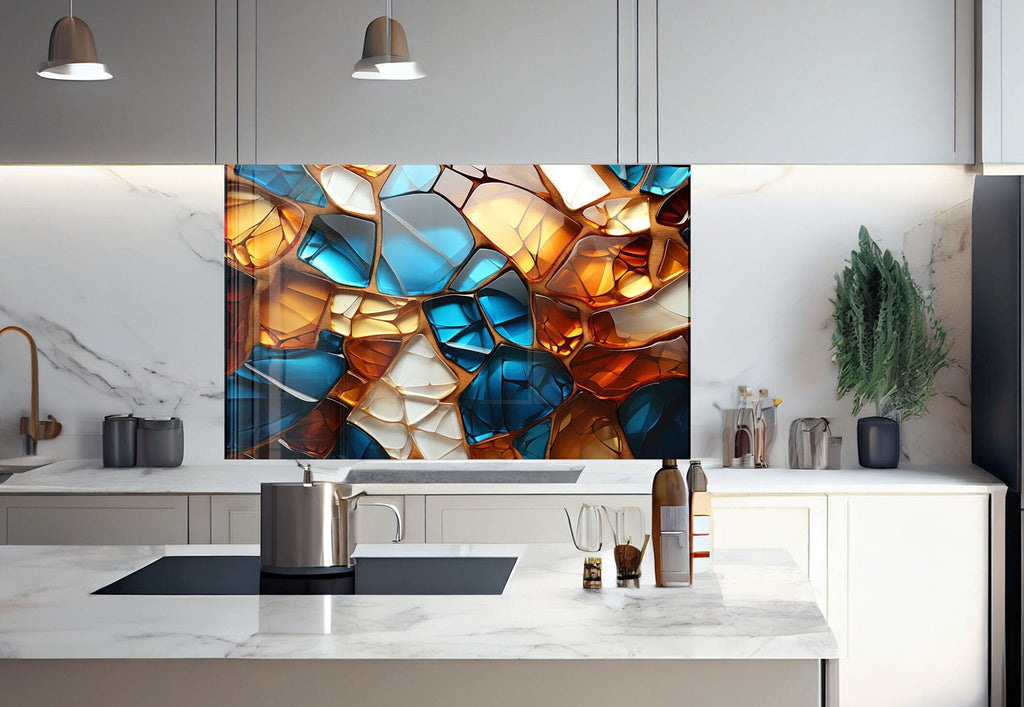 Amber & Sapphire Stained - Glass Kitchen Backsplash-BacksplashArtworks