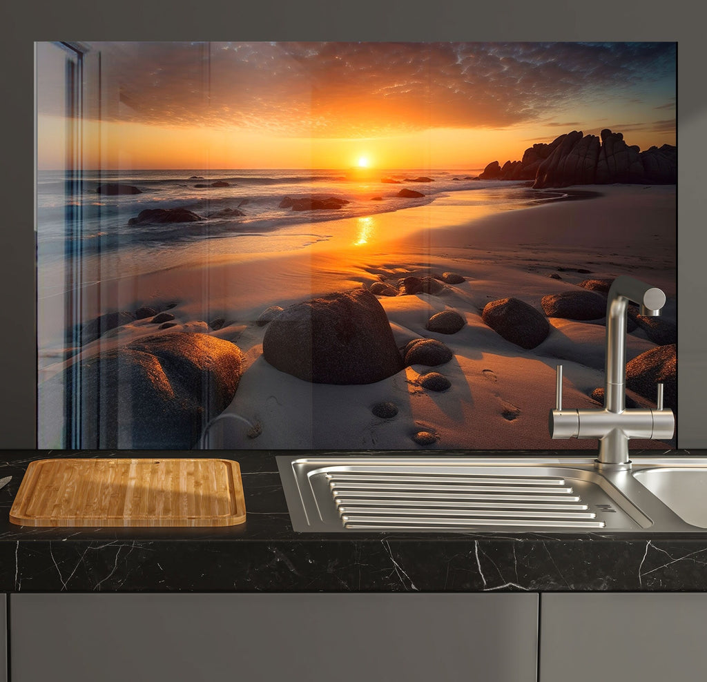 Golden Beach Sunset Wall Art – Glass Kitchen Backsplash-BacksplashArtworks