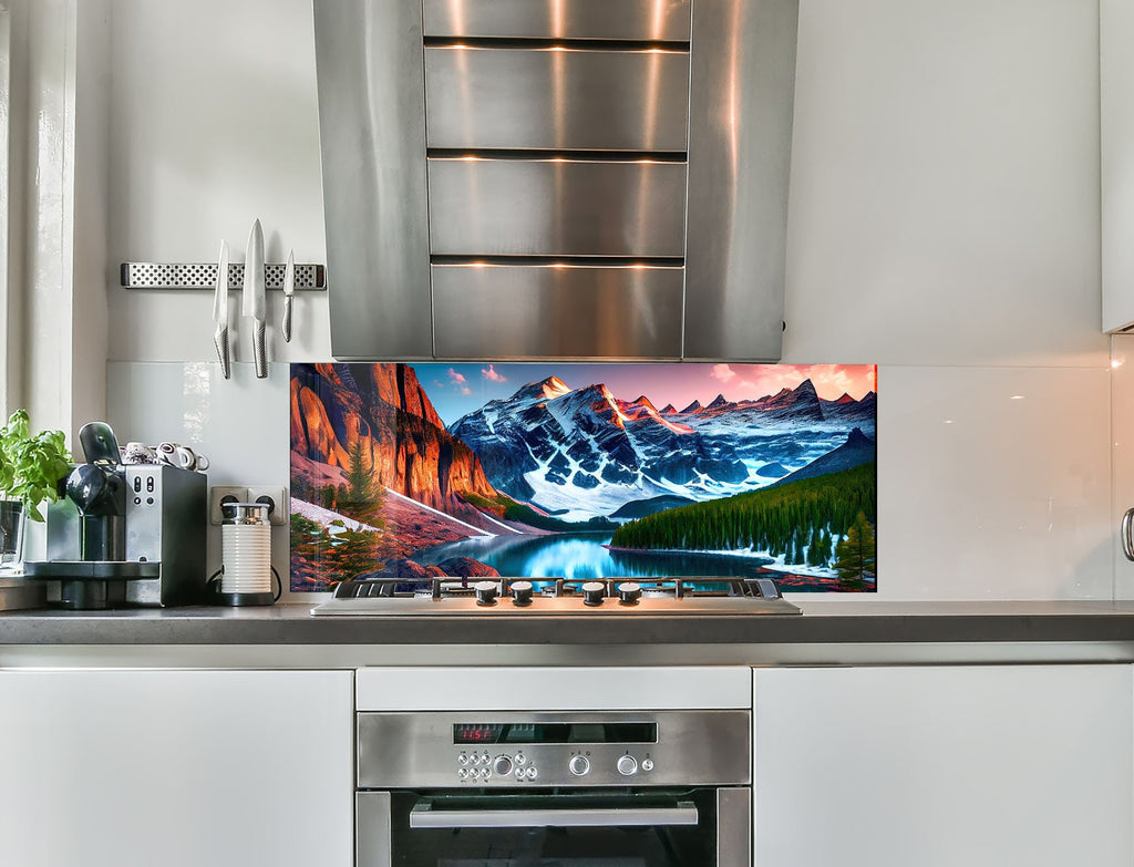 a kitchen with stainless steel appliances and a large tv on the wall