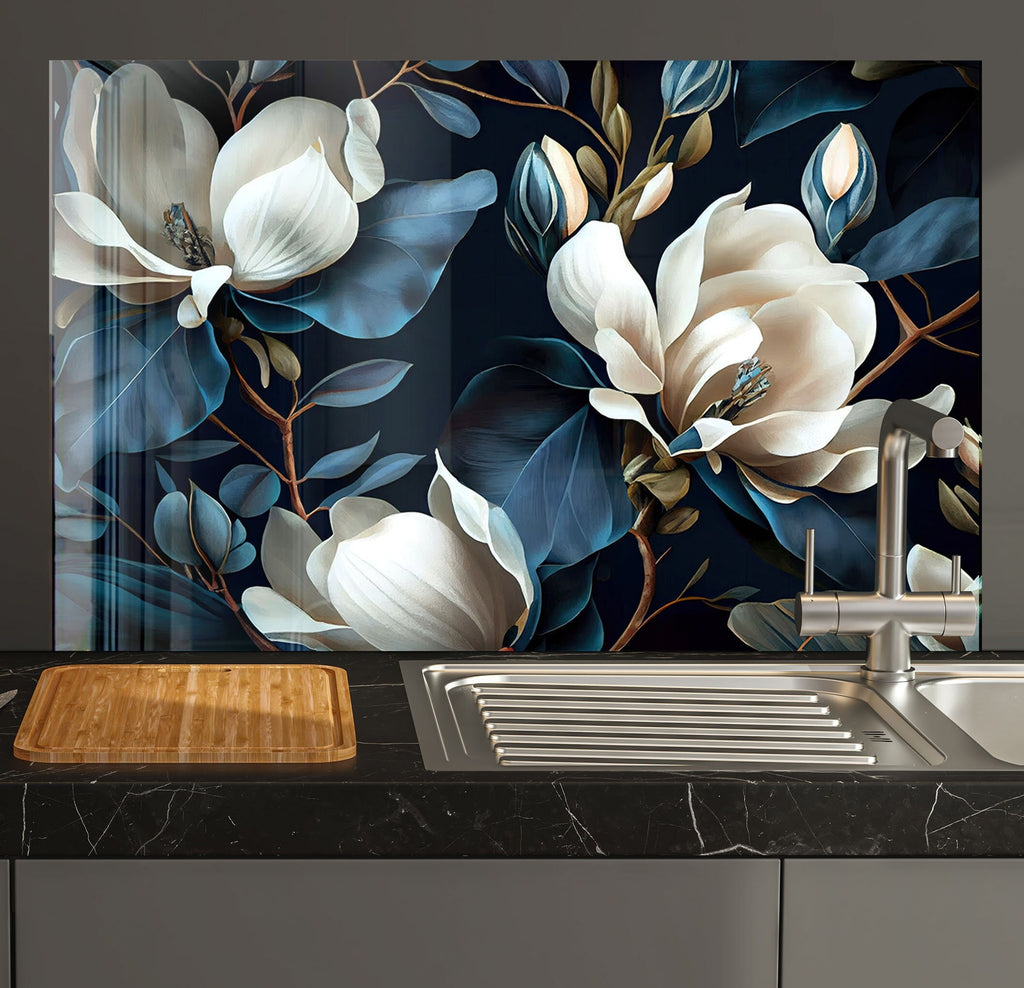 White Rose Tempered Glass Backsplash-BacksplashArtworks
