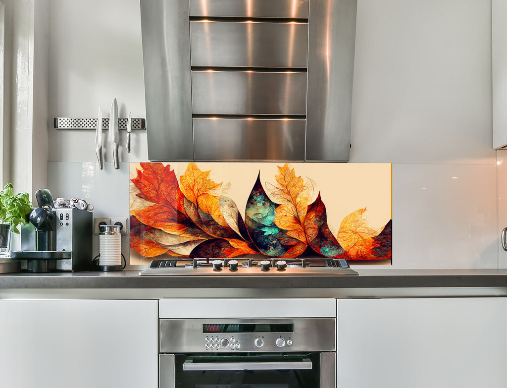 a kitchen with a stove top oven and a painting on the wall