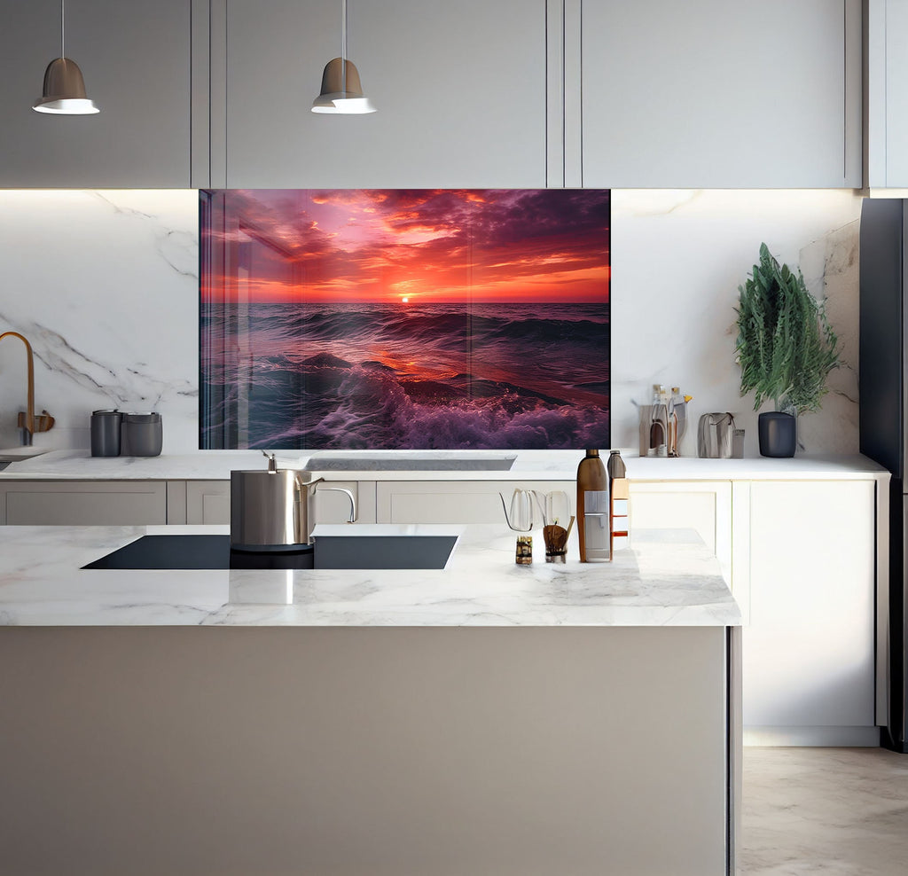 a kitchen with a large painting on the wall