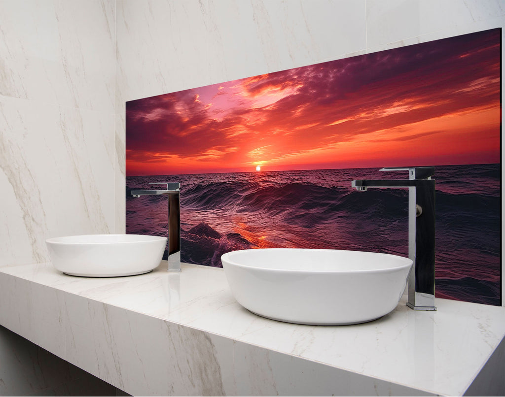 a bathroom with two sinks and a large picture on the wall