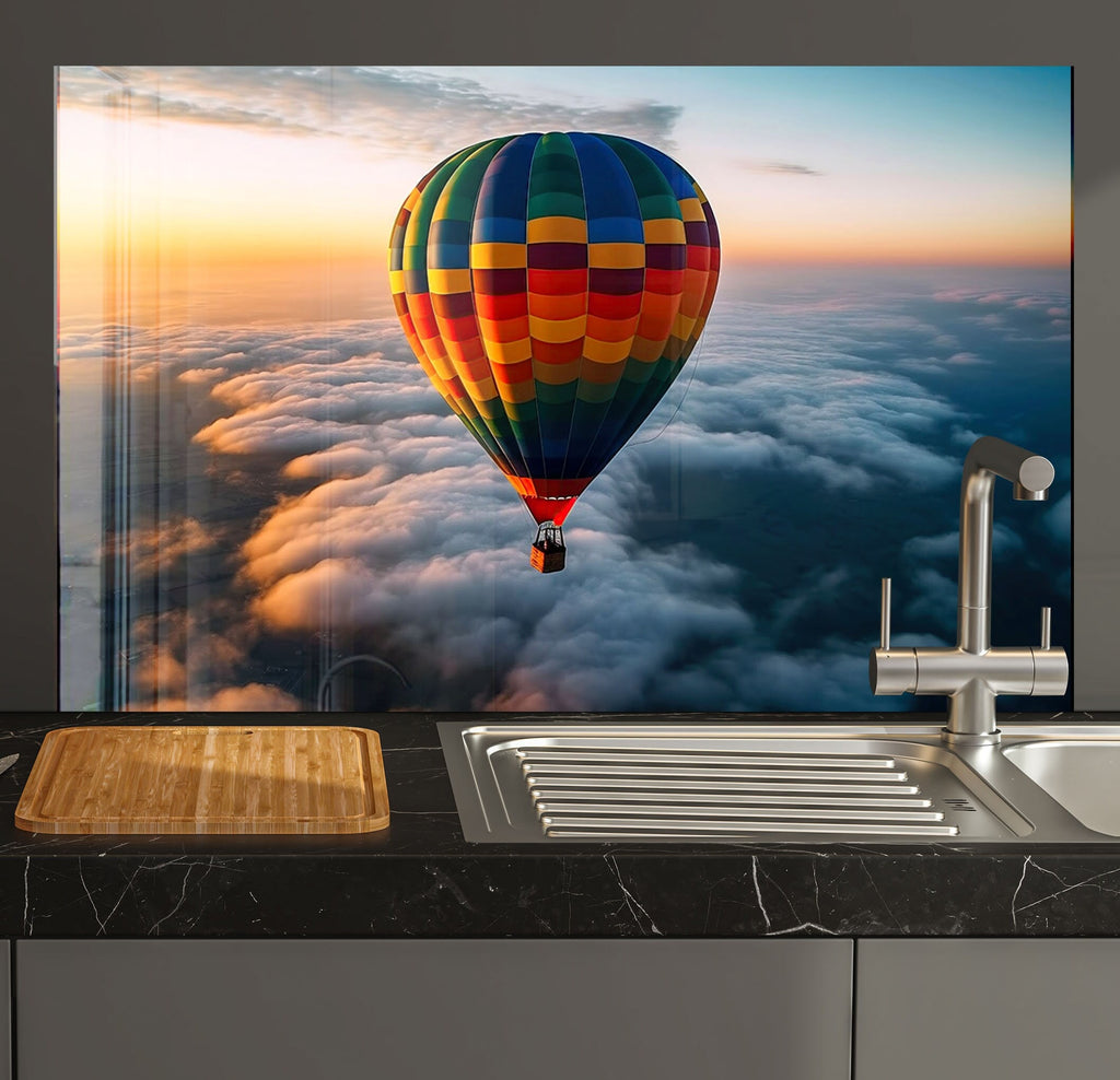 Colorful Hot Air Balloon – Glass Kitchen Backsplash-BacksplashArtworks