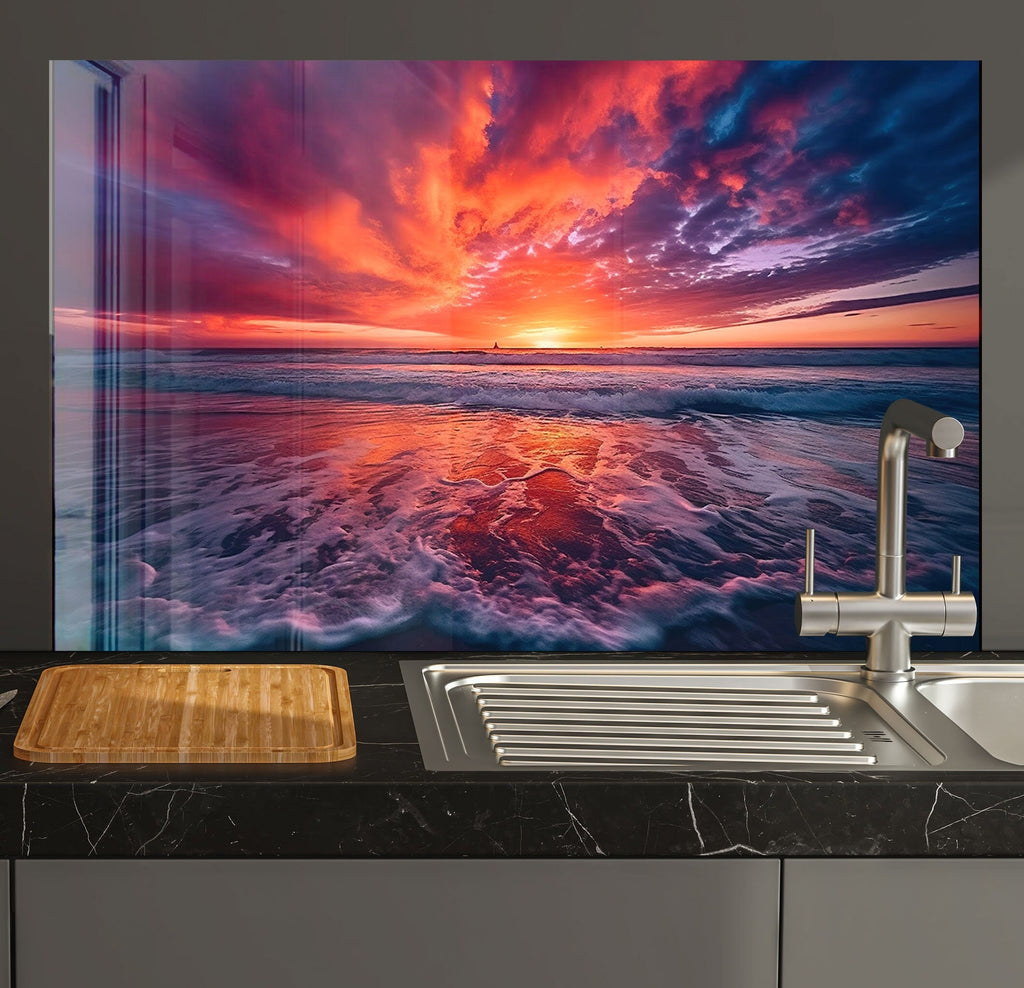 Fiery Ocean Sunset – Glass Kitchen Backsplash-BacksplashArtworks