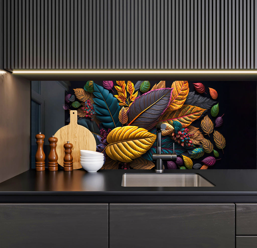 a kitchen with a sink and a wall mural