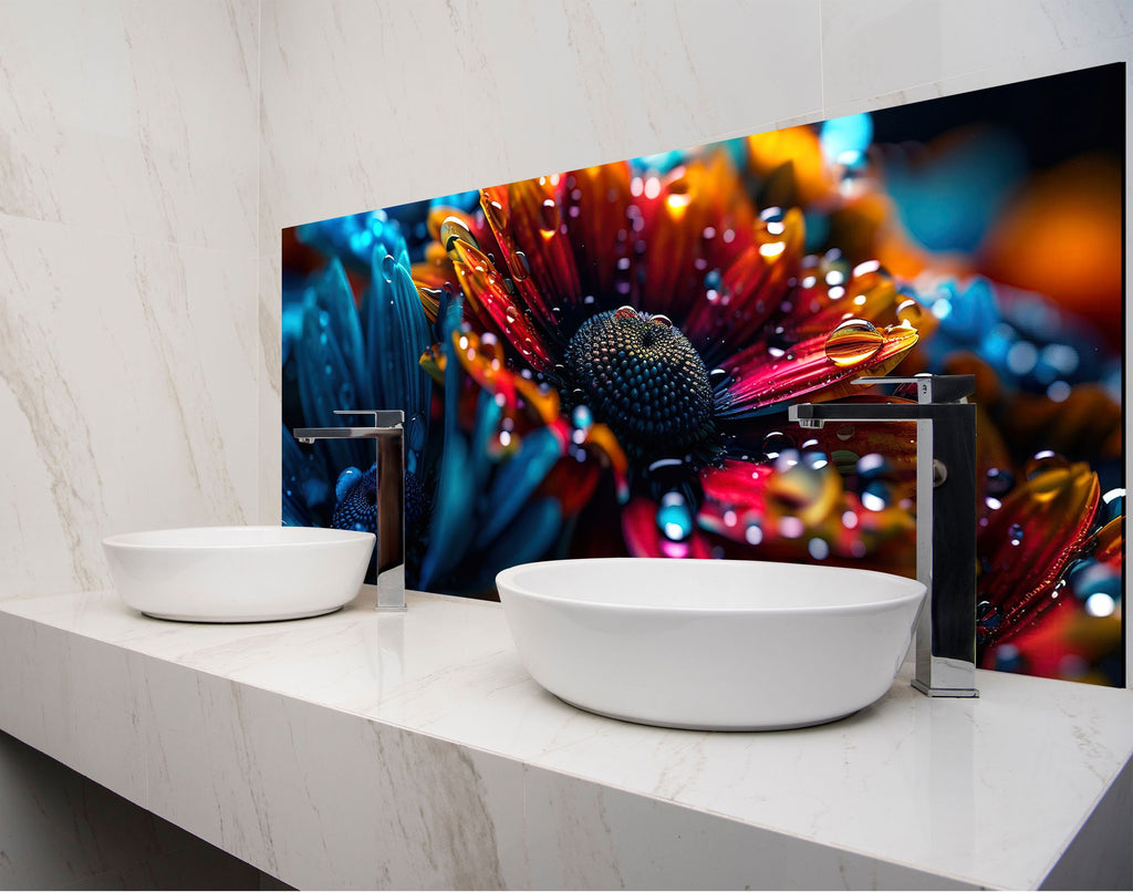 a bathroom with two sinks and a large picture on the wall