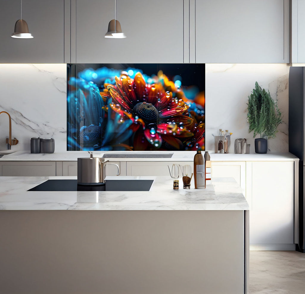 a kitchen with a large picture on the wall