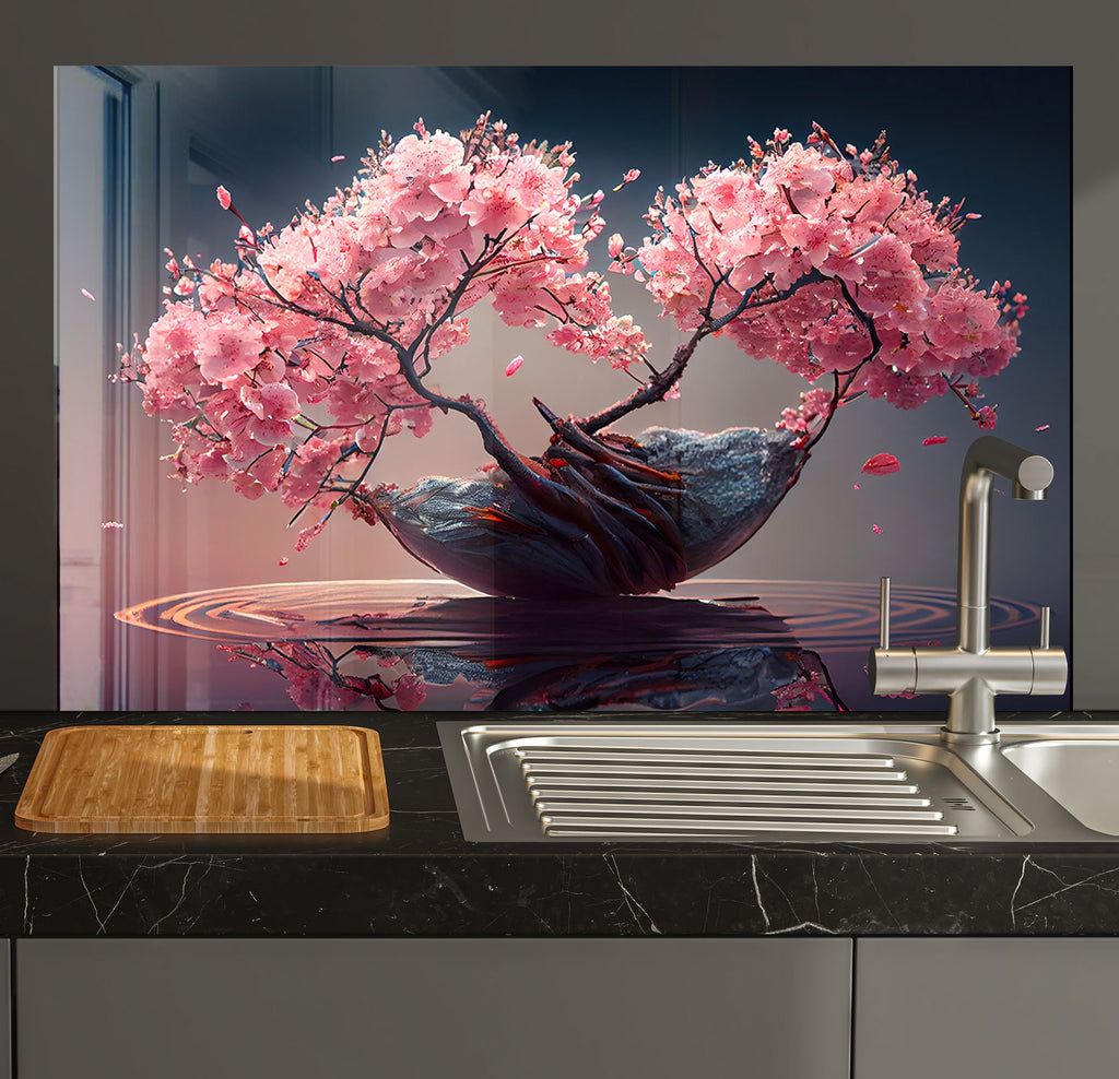a kitchen with a sink and a painting on the wall