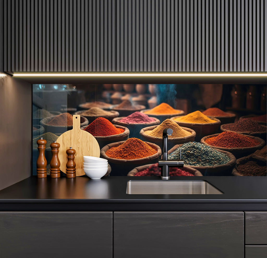 a kitchen counter with spices and a cutting board