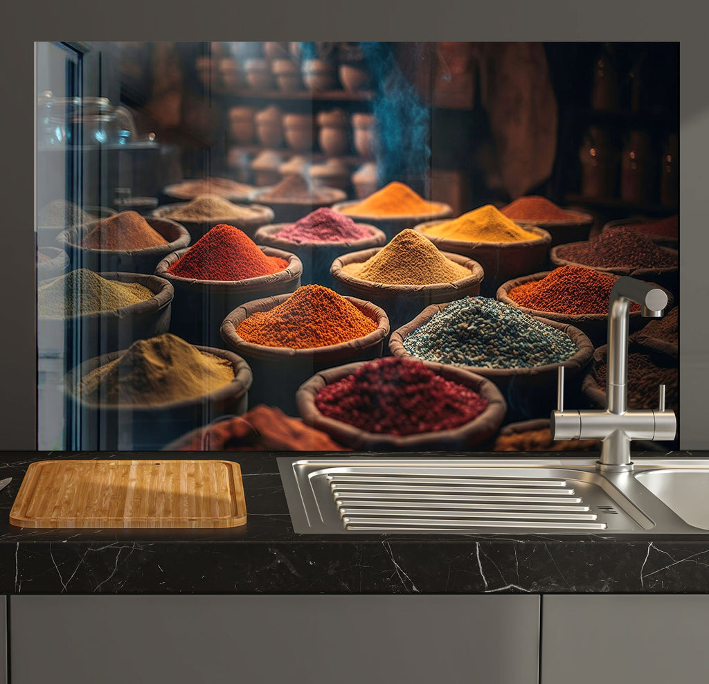 a kitchen with a sink and a bunch of spices on the counter