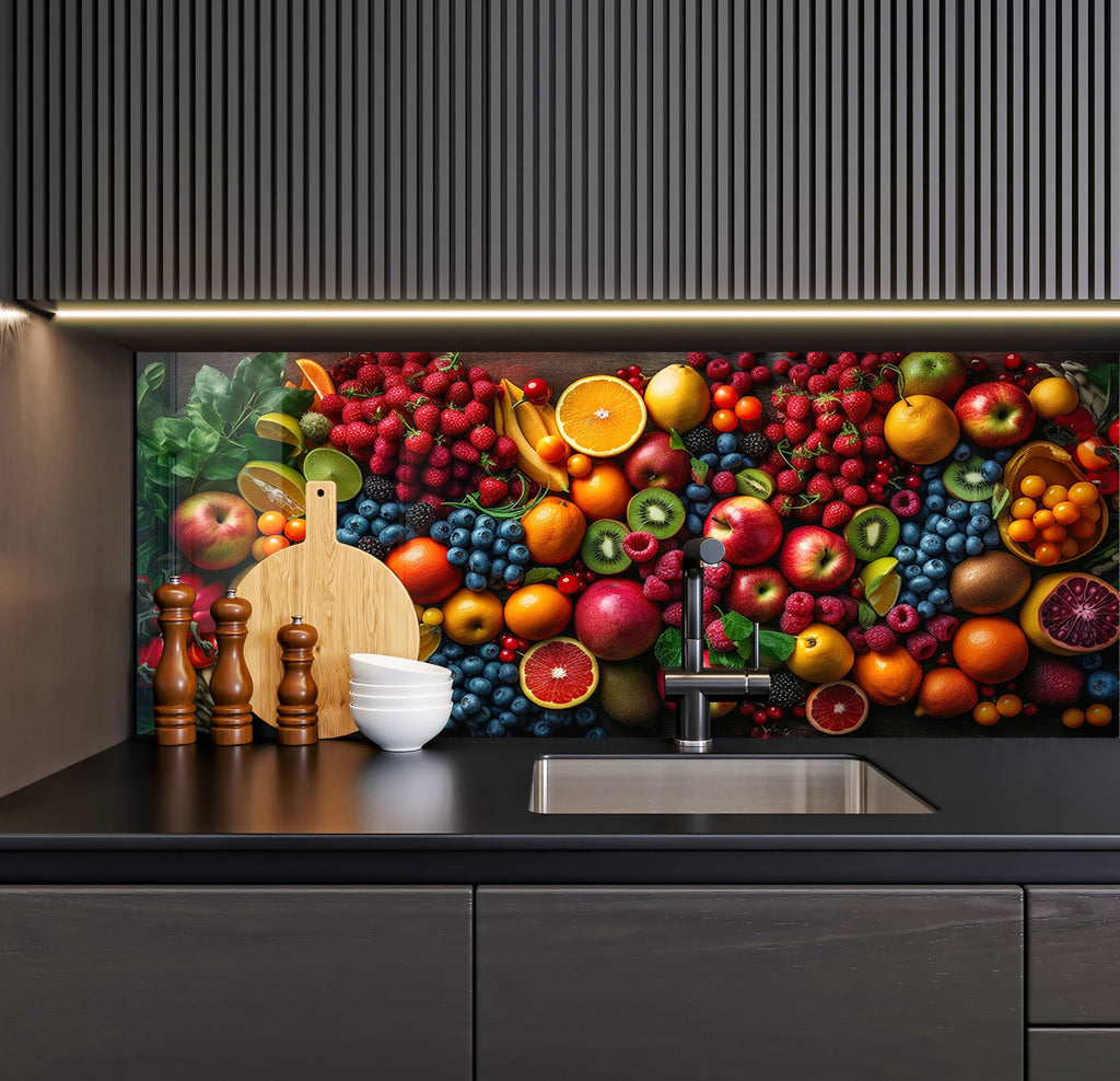 a kitchen counter with a sink and a painting on the wall