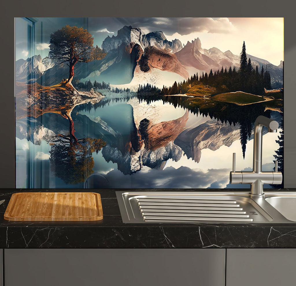 Majestic Mountain Reflection – Glass Kitchen Backsplash-BacksplashArtworks