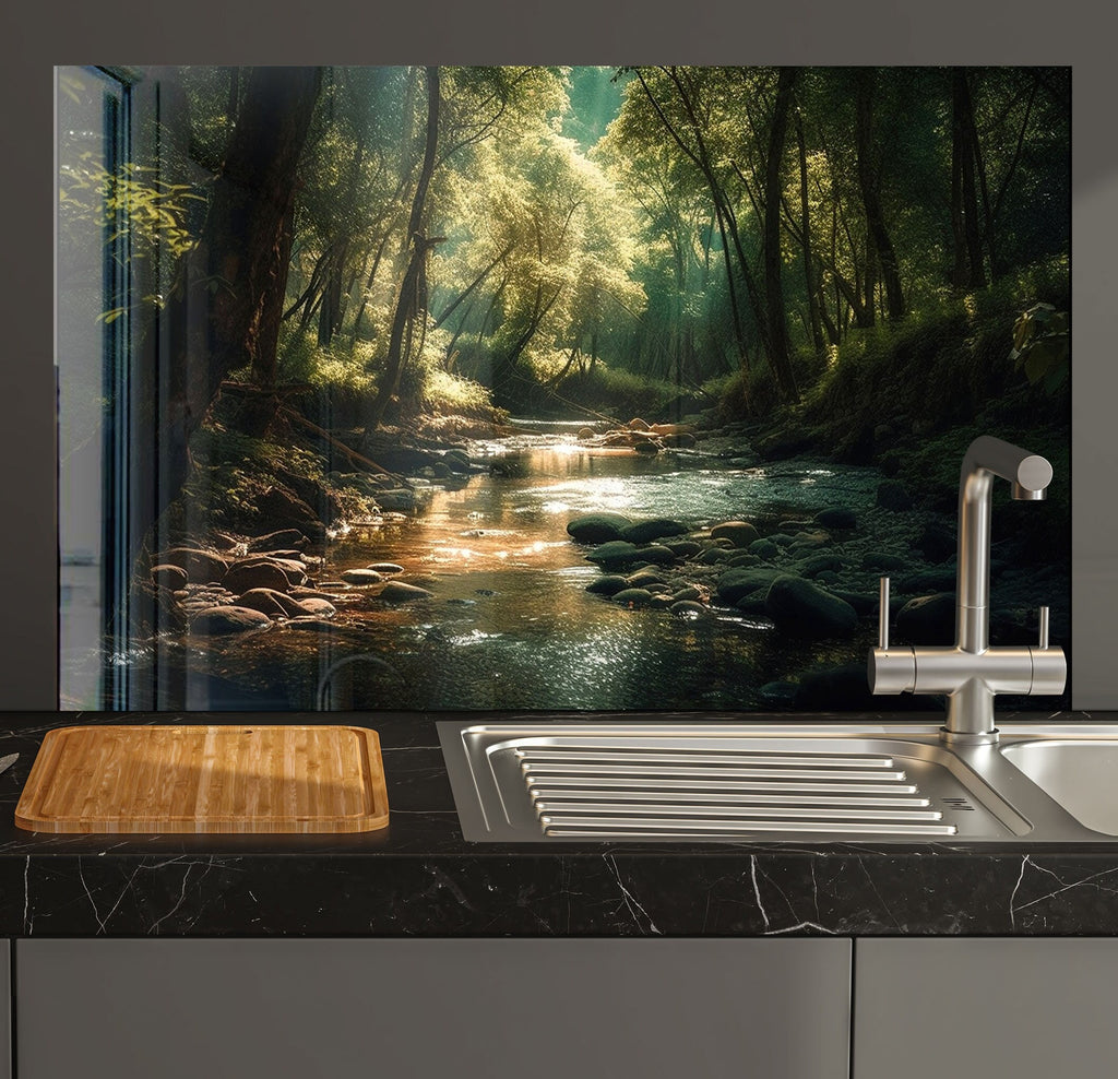 Tranquil Forest Stream – Glass Kitchen Backsplash-BacksplashArtworks