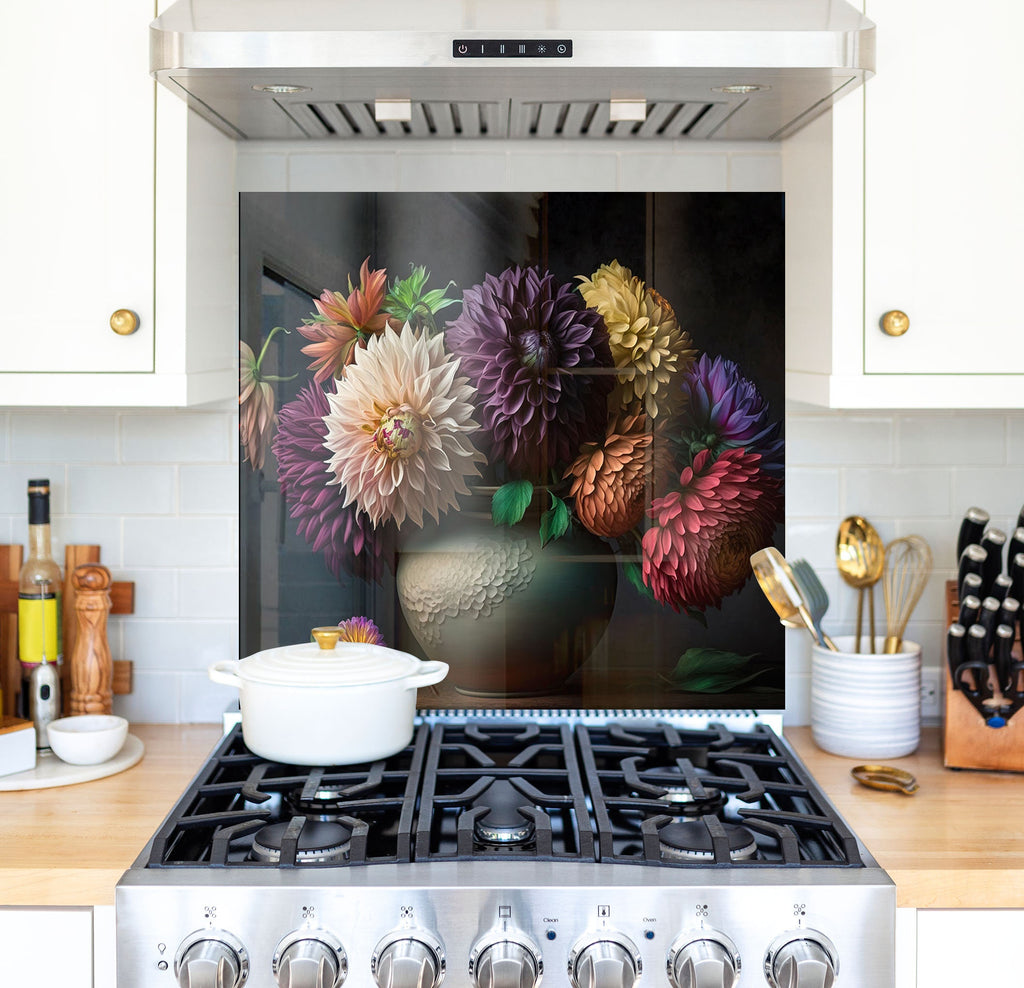 a stove top oven with a painting of flowers on it